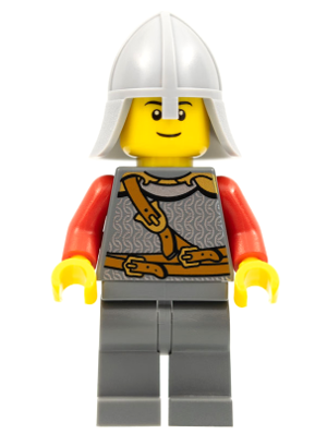 lego 2011 mini figurine cas478a Lion Knight Scale Mail With Chest Strap and Belt, Helmet with Neck Protector, Black Eyebrows, Thin Grin 