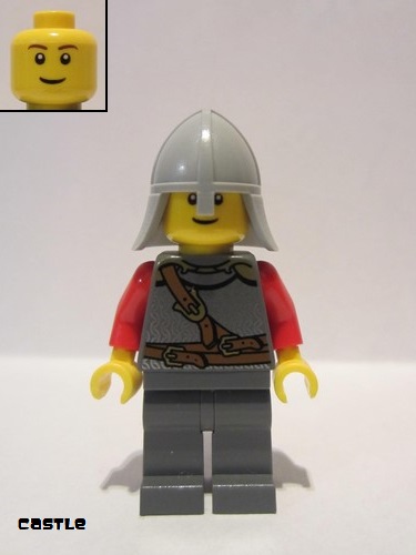 lego 2011 mini figurine cas478b Lion Knight Scale Mail With Chest Strap and Belt, Helmet with Neck Protector, Reddish Brown Eyebrows, Thin Grin 