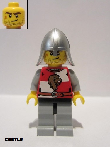 lego 2011 mini figurine cas497 Lion Knight Quarters Helmet with Neck Protector, Crooked Smile and Scar 