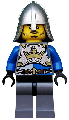 lego 2013 mini figurine cas516 King's Knight Breastplate With Crown and Chain Belt, Helmet with Neck Protector, Closed Grin with Stubble 