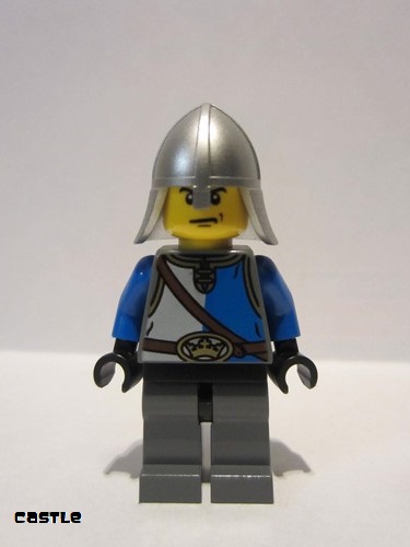 lego 2013 mini figurine cas521 King's Knight King's Knight Blue and White with Chest Strap and Crown Belt, Helmet with Neck Protector, Angry Eyebrows and Scowl 