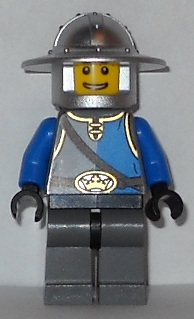 lego 2013 mini figurine cas526 King's Knight Blue and White with Chest Strap and Crown Belt, Helmet with Broad Brim, Open Grin 