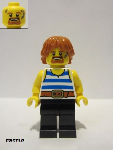 lego 2021 mini figurine cas556 Blacksmith White Tank Top with Blue Stripes, Black Legs, Dark Orange Hair 