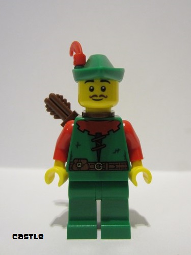 lego 2022 mini figurine cas571 Forestman Red, Green Hat, Red Feather, Quiver, Detailed Torso, Mustache 