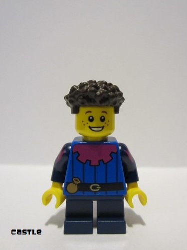 lego 2022 mini figurine cas577 Peasant Boy Dark Brown Coiled Hair, Blue Shirt with Magenta Forestman Collar, Dark Blue Short Legs 