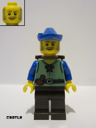 lego 2022 mini figurine cas579 Peasant Blue Forest Hat, Sand Green Torso, D-Basket, Dark Brown Legs 