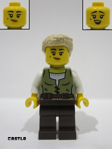 lego 2024 mini figurine cas582 Carpenter Female, Olive Green Vest, Dark Brown Legs, Tan Coiled Hair Ponytail 