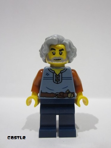 lego 2024 mini figurine cas583 Tapestry Weaver Sand Blue Vest, Dark Blue Legs, Light Bluish Gray Wavy Hair 