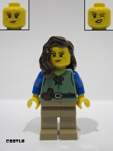 lego 2024 mini figurine cas587 Shieldsmith Female, Sand Green Vest, Dark Tan Legs, Dark Brown Hair over Shoulder 