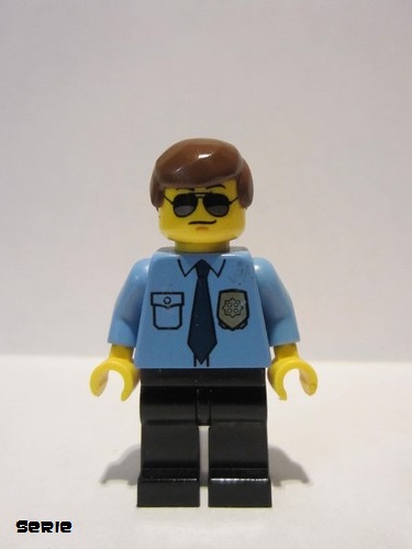lego 2013 mini figurine col282 Police City Shirt with Dark Blue Tie and Gold Badge, Black Legs, Brown Male Hair, Sunglasses 