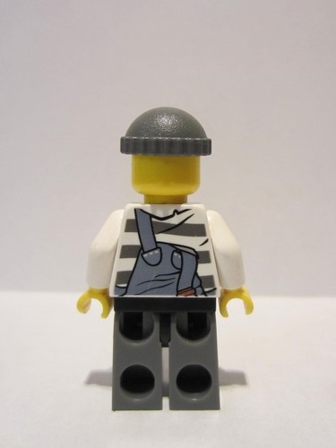 lego 2013 mini figurine col283 Police Jail Prisoner Torn Overalls over Prison Stripes, Dark Bluish Gray Legs and Knit Cap 