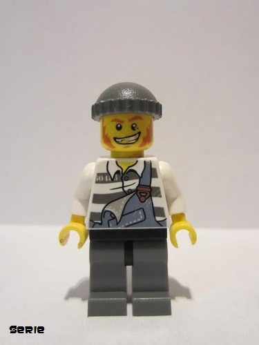 lego 2013 mini figurine col283 Police Jail Prisoner Torn Overalls over Prison Stripes, Dark Bluish Gray Legs and Knit Cap 