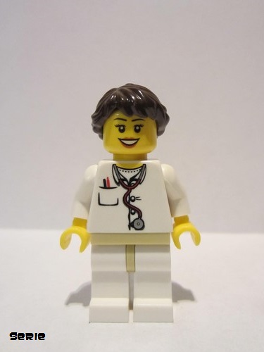 lego 2013 mini figurine col284 Doctor Lab Coat Stethoscope and Thermometer, White Legs with Tan Hips, Long French Braided Female Hair 