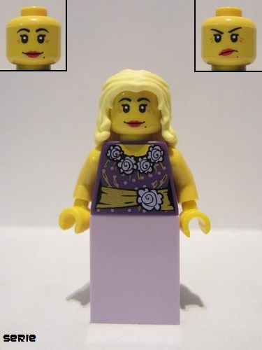 lego 2016 mini figurine col265 Musician Female, Blouse with Gold Sash and Flowers, Lavender Skirt, Bright Light Yellow Hair 