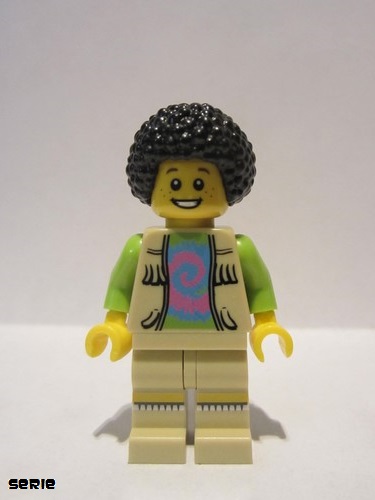 lego 2016 mini figurine col266 Musician Male, Vest with Fringe over Lime Top with Pink and Blue Swirl, Black Bushy Hair 