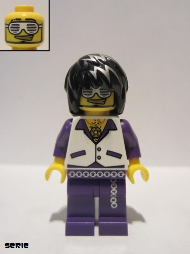 lego 2016 mini figurine col267 Musician Male, White Vest with Dark Purple Open Shirt, Dark Purple Pants with Silver Trim 