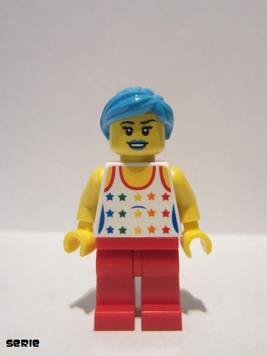 lego 2016 mini figurine col268 Musician Female, White Top with Rainbow Stars, Red Legs, Dark Azure Ponytail and Swept Sideways Fringe, Blue Lips 