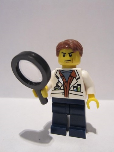 lego 2017 mini figurine col309 City Jungle Scientist White Lab Coat with Test Tubes, Dark Blue Legs, Reddish Brown Parted Hair, Scowl 