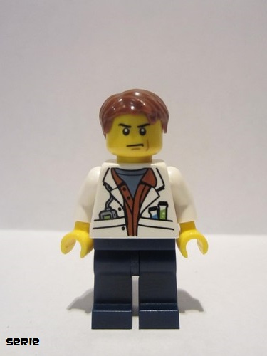 lego 2017 mini figurine col309 City Jungle Scientist White Lab Coat with Test Tubes, Dark Blue Legs, Reddish Brown Parted Hair, Scowl 