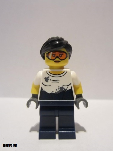 lego 2017 mini figurine col310 City Jungle Mechanic Female, Black Ponytail, Orange Goggles, White T-Shirt with Oil Stains, Dark Blue Legs 