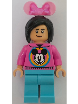 lego 2026 mini figurine dis209 Main Street, U.S.A. Park Guest Female, Dark Pink Mickey Mouse Sweater, Medium Azure Legs 