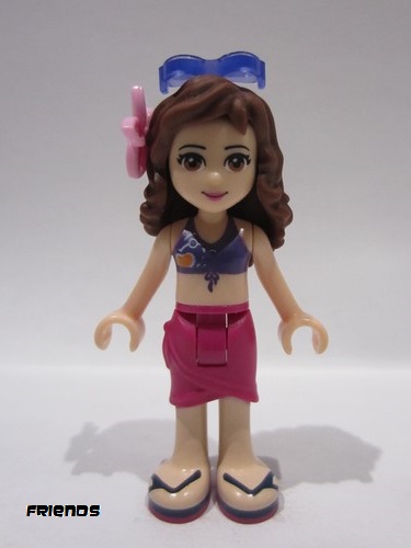 lego 2015 mini figurine frnd100 Olivia Magenta Wrap Skirt, Dark Purple Bikini Top, Flower, Sunglasses 