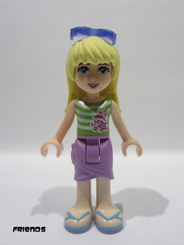 lego 2015 mini figurine frnd104 Stephanie Medium Lavender Wrap Skirt, Green Top with White Stripes, Sunglasses 