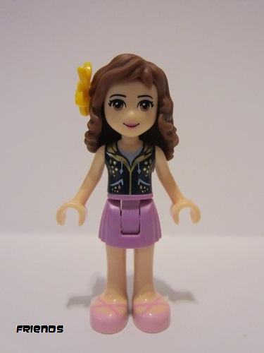 lego 2015 mini figurine frnd119 Olivia Medium Lavender Skirt, Dark Blue Vest Top, Flower 