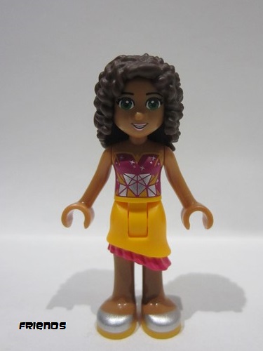 lego 2015 mini figurine frnd122 Andrea Bright Light Orange Asymmetric Skirt with Magenta Fringe, Magenta Top with White Geometric Heart 