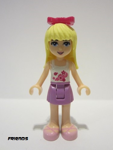 lego 2016 mini figurine frnd143 Stephanie Medium Lavender Skirt, White Top with Stars, Magenta Bow 