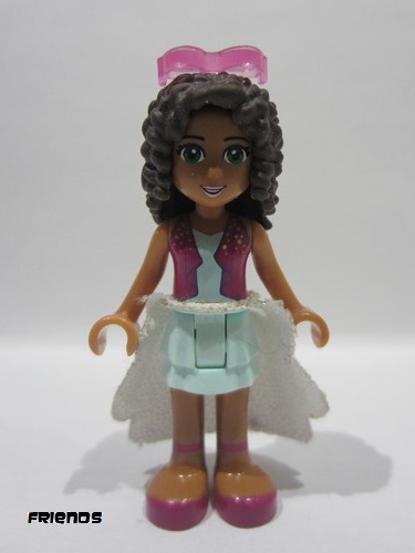 lego 2016 mini figurine frnd145 Andrea Light Aqua Layered Skirt, Magenta Vest Top, White Sequined Cloth Skirt, Sunglasses 