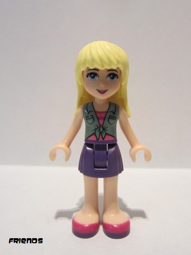 lego 2016 mini figurine frnd148 Stephanie Dark Purple Skirt, Sand Green Knotted Blouse Top over Magenta and Pink Striped Shirt 