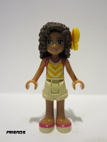 lego 2016 mini figurine frnd152 Andrea Tan Shorts, Tan Top with Bright Light Orange Chevron Stripes, Bright Light Orange Flower 