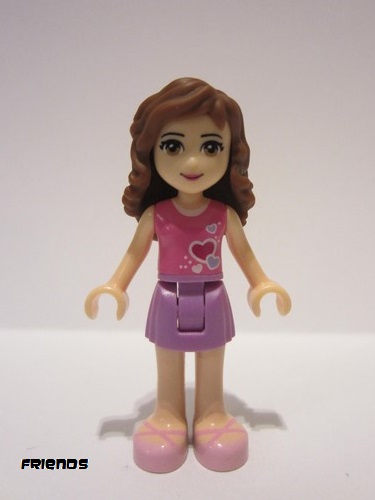 lego 2016 mini figurine frnd175 Olivia Medium Lavender Skirt, Dark Pink Top with Hearts and White Undershirt 