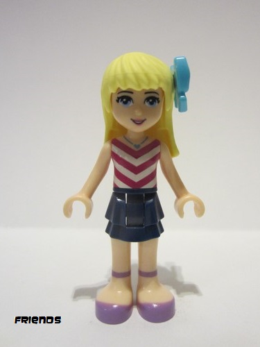 lego 2017 mini figurine frnd184 Stephanie Dark Blue Layered Skirt, Magenta and White V-Striped Top, Medium Azure Bow 