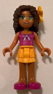 lego 2017 mini figurine frnd208 Andrea Bright Light Orange Layered Skirt, Magenta Top with White Polka Dots and Bow, Bright Light Orange Flower 