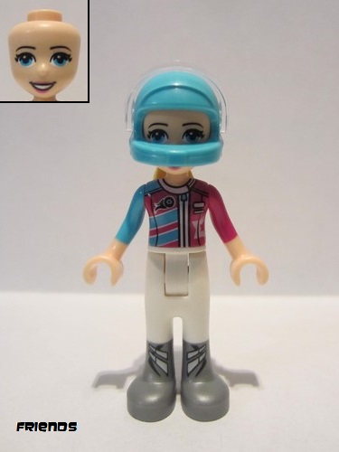 lego 2018 mini figurine frnd277 Stephanie White Trousers, Medium Azure and Magenta Racing Jacket, Helmet 