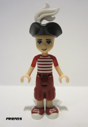 lego 2019 mini figurine frnd0336 Zack Dark Red Cropped Trousers Large Pockets, Red and White Striped Shirt, Pirate Tricorne Hat, White Plume 