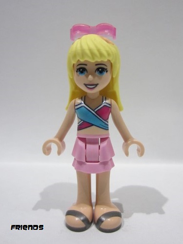 lego 2019 mini figurine frnd330 Stephanie Bright Pink Layered Skirt, Magenta and Medium Blue Swimsuit Top, Sunglasses 