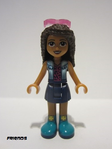 lego 2019 mini figurine frnd338 Andrea Dark Blue Skirt, Metallic Blue Vest over Magenta Top, Sunglasses 