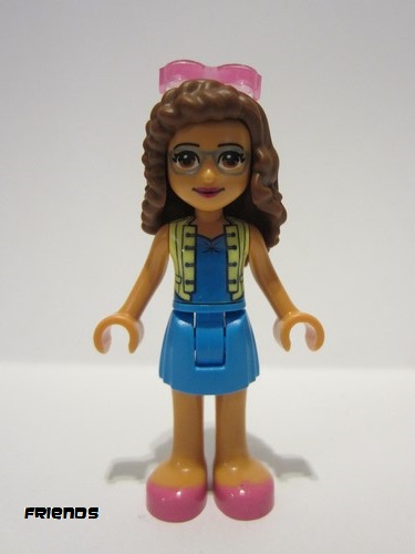 lego 2020 mini figurine frnd404 Olivia Dark Azure Skirt and Top with Bright Light Yellow Vest, Dark Pink Shoes, Sunglasses 