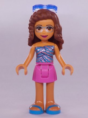 lego 2020 mini figurine frnd408 Olivia Dark Pink Skirt, Shiny Pink Top with Wavy Dark Azure Lines, Sunglasses 