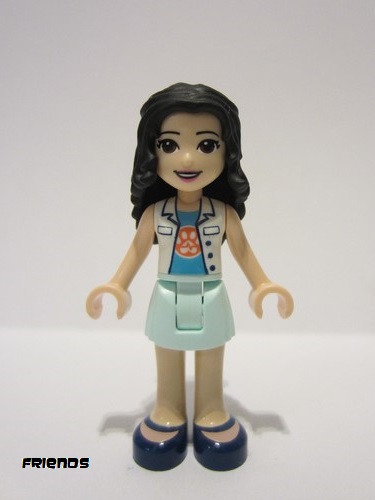 lego 2021 mini figurine frnd438 Emma White Top with Paw Print Undershirt, Light Aqua Skirt, Dark Blue Shoes with Straps, Dark Purple Bow 