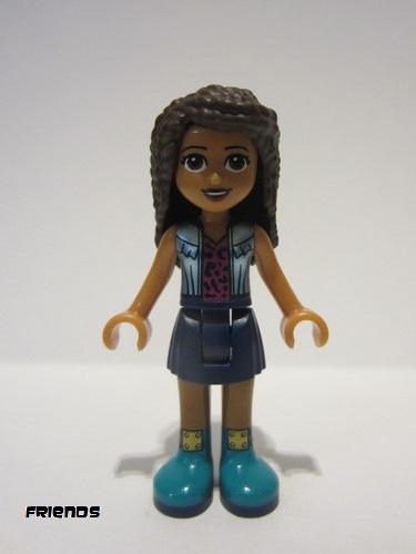 lego 2021 mini figurine frnd456 Andrea Dark Blue Skirt, Metallic Light Blue Jacket over Magenta Top 