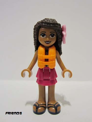 lego 2022 mini figurine frnd505 Andrea Dark Turquoise Halter Top, Magenta Skirt, Orange Life Jacket, Bright Pink Flower 