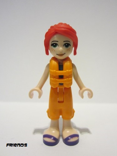 lego 2022 mini figurine frnd512 Mia Lime Jacket Vest with Pockets, Orange Trousers Cropped, Dark Purple Sandals, Orange Life Jacket 