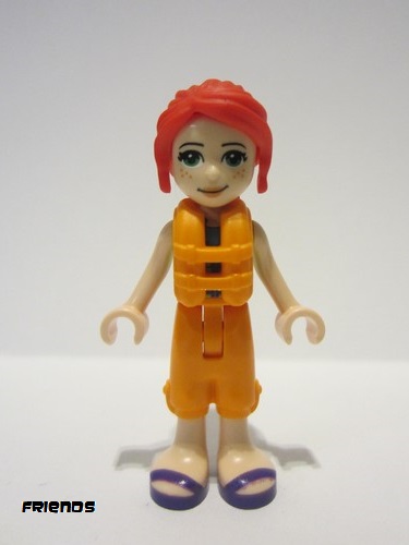 lego 2022 mini figurine frnd512 Mia Lime Jacket Vest with Pockets, Orange Trousers Cropped, Dark Purple Sandals, Orange Life Jacket 