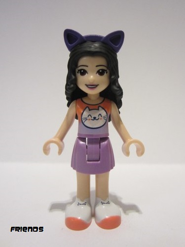 lego 2022 mini figurine frnd514 Emma Coral and Lavender Top with Cat Head, Medium Lavender Skirt, White Shoes, Dark Purple Cat Ears 