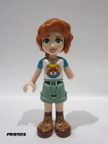 lego 2023 mini figurine frnd584 Autumn Dark Turquoise and White Top with Fox, Sand Green Shorts, Dark Tan and Dark Brown Boots 