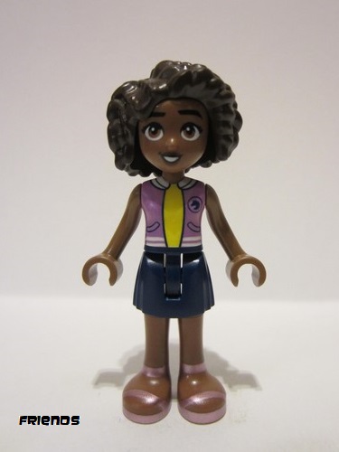 lego 2023 mini figurine frnd586 Aliya Medium Lavender Vest, Dark Blue Skirt, Metallic Pink Sandals 